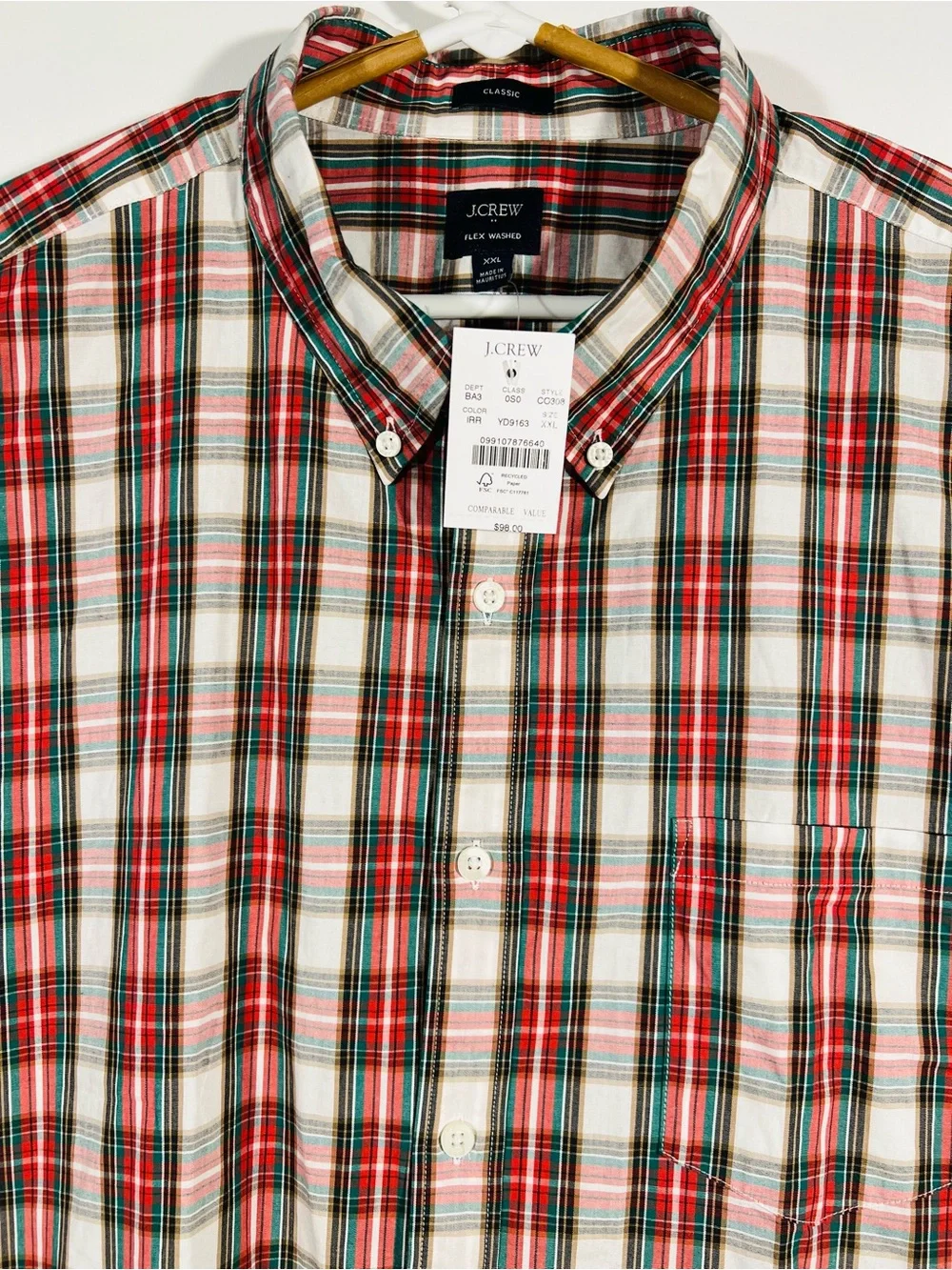J.Crew Classic Flex Washed Plaid Mens Long Sleeve Button Down Shirt Size 2XL NWT